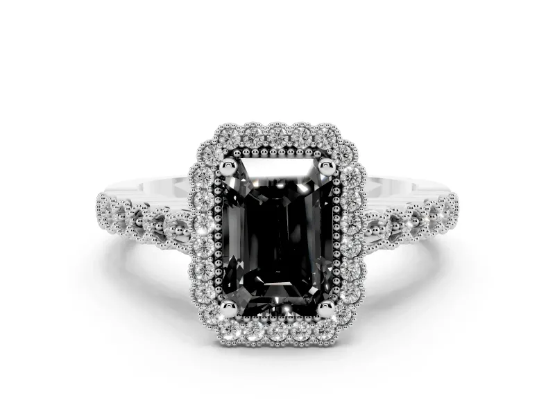 Fancy Black Radiant Cut Diamond Halo Ring Set in White gold with Pavé Milgrain Band
