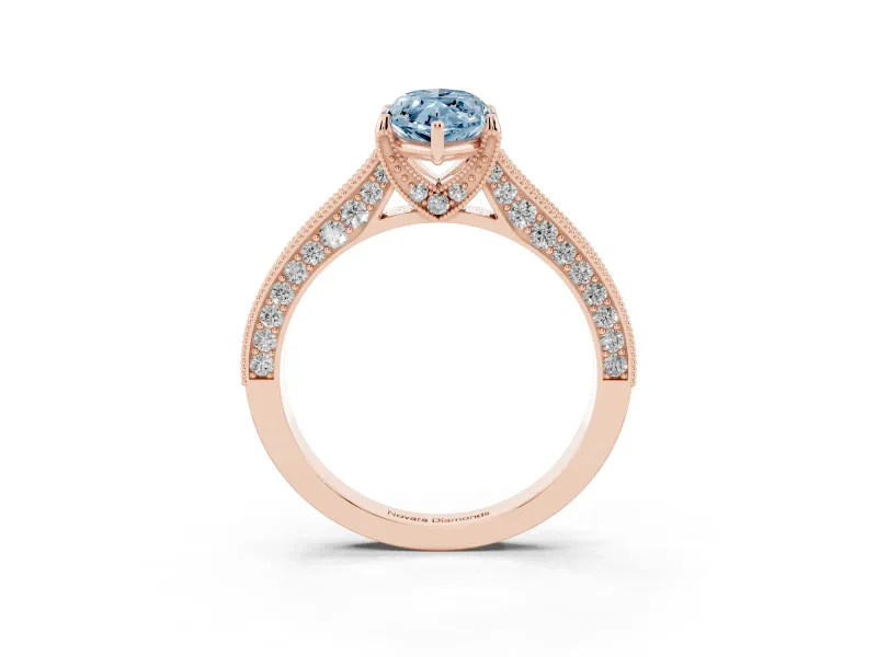 Marquise Vintage Hidden Halo Engagement Ring Setting for a Fancy Blue Lab-Grown Diamond | Milgrain Pave Band | Rose Gold