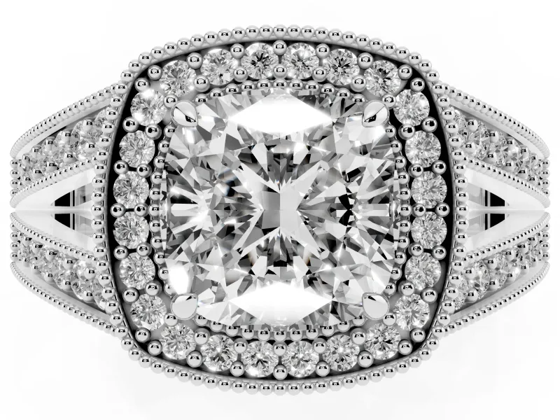 Cushion Cut Vintage Milgrain Halo Engagement Ring Setting | Pave Split Shank | Platinum