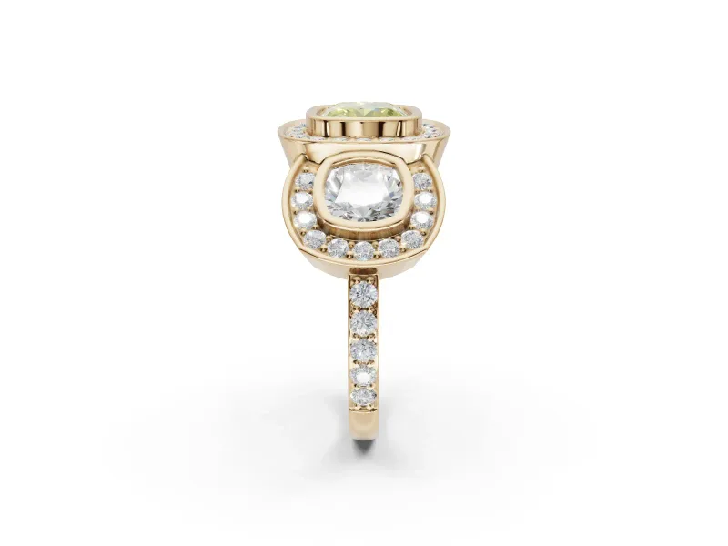 Cushion Cut Three Stone Halo Engagement Ring Setting for a Fancy Yellow Lab-Grown Diamond | Bezel Set | Yellow Gold