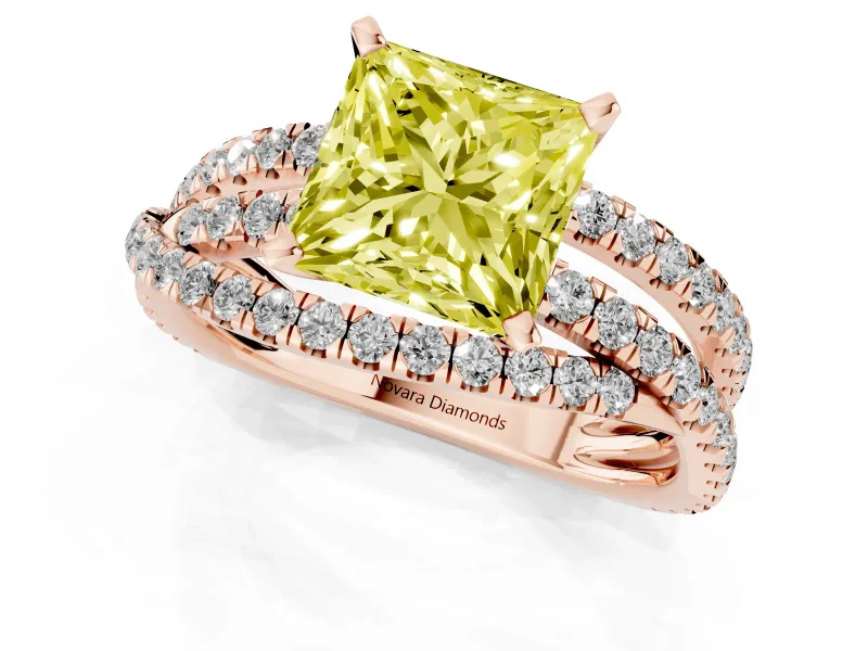 Fancy Yellow Princess Cut Diamond Solitaire Twist Band Ring Set in Rose gold with Pavé Setting and Prong Head