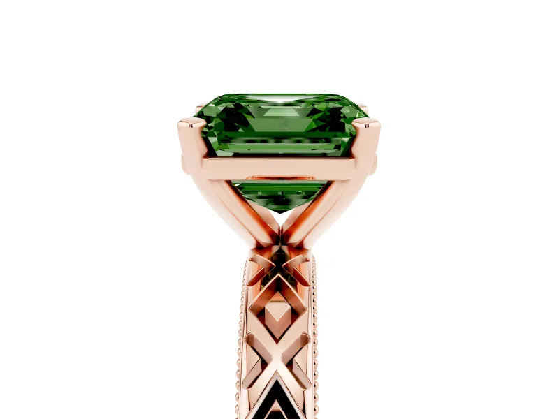Fancy Green Asscher Cut Diamond Solitaire Ring Set in Rose gold with Milgrain and Black Enamel X Pattern Band