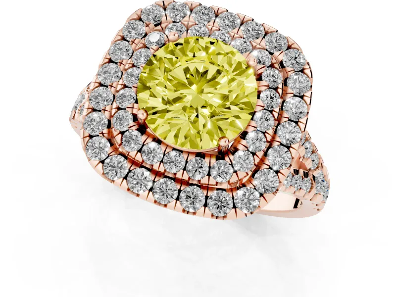 Round Halo Split Shank Engagement Ring Setting for a Fancy Yellow Lab-Grown Diamond | Pavé Strands | Rose Gold