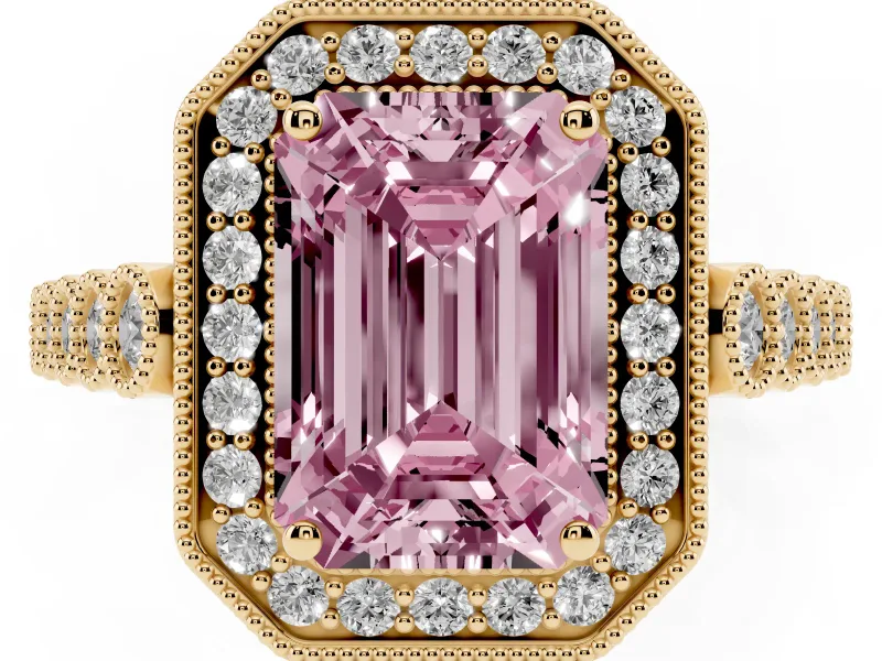 Emerald Cut Graduated Milgrain Halo Engagement Ring Setting for a Fancy Pink Lab-Grown Diamond | Yellow Gold
