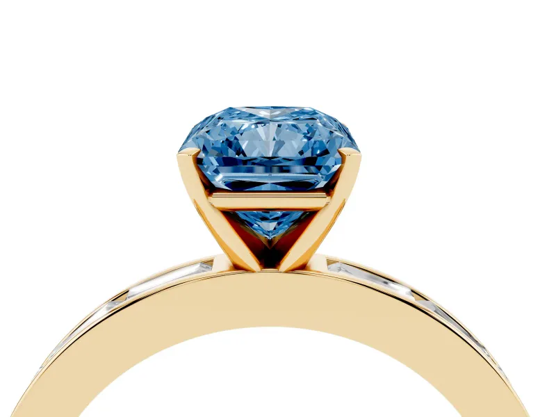 Fancy Blue Radiant Cut Diamond Solitaire Ring Set in Yellow gold with Channel-Set Baguette Band and Prong Setting
