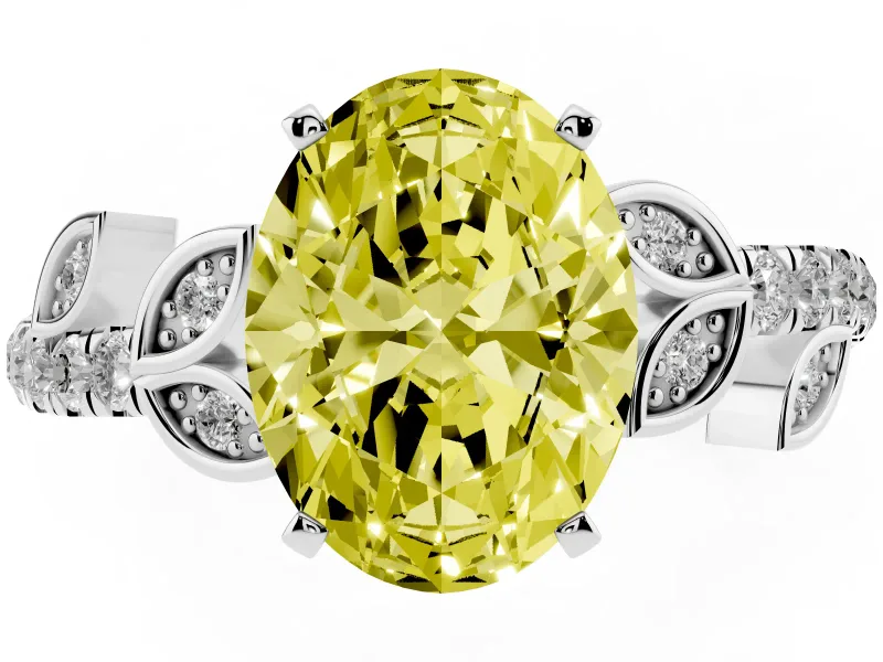 Fancy Yellow Oval Cut Diamond Solitaire Leaf-Inspired Ring Set in Silver with Pavé Band and Prong Setting