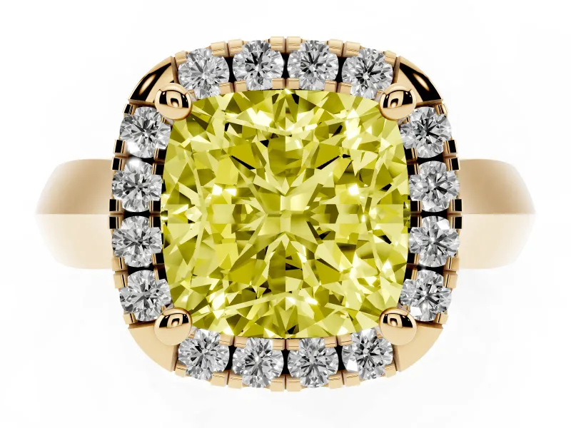 Cushion Cut Halo Engagement Ring Setting for a Fancy Yellow Lab-Grown Diamond | Square Profile Band | Yellow Gold