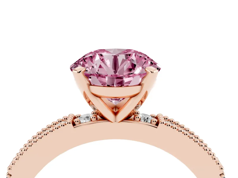 Fancy Pink Round Cut Diamond Solitaire Ring Set in Rose gold with Slim Pavé Band and Prong Setting