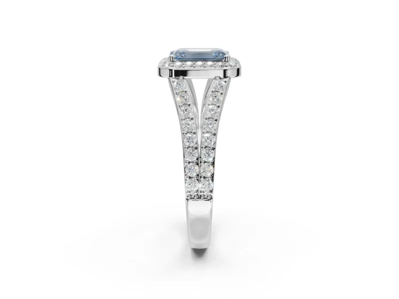 Emerald Cut Halo Pavé Engagement Ring Setting for a Fancy Blue Lab-Grown Diamond | Narrow Split Shank | Sterling Silver