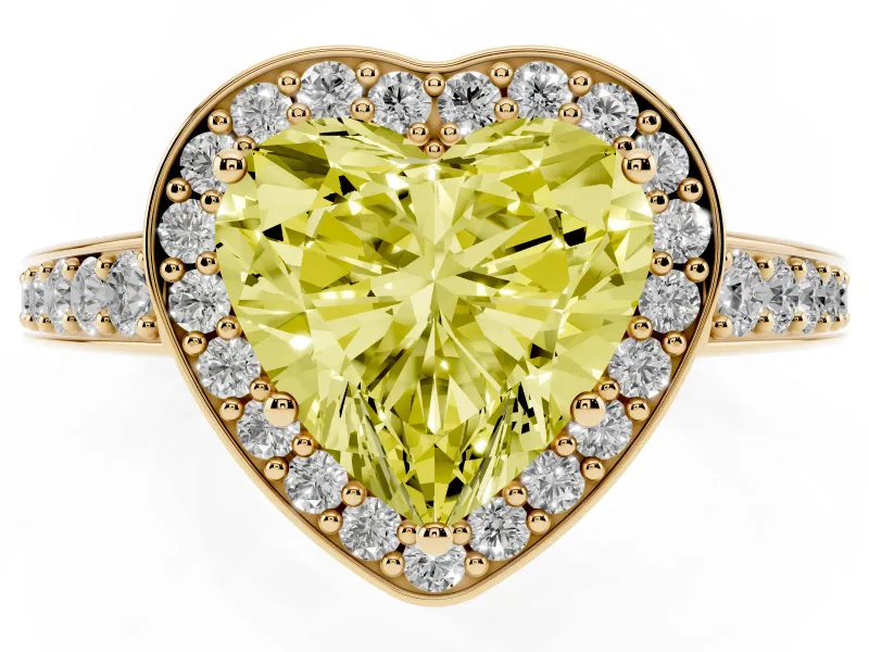 Fancy Yellow Heart Cut Diamond Halo Pavé Engagement Ring Set in Yellow gold with Bezel Setting