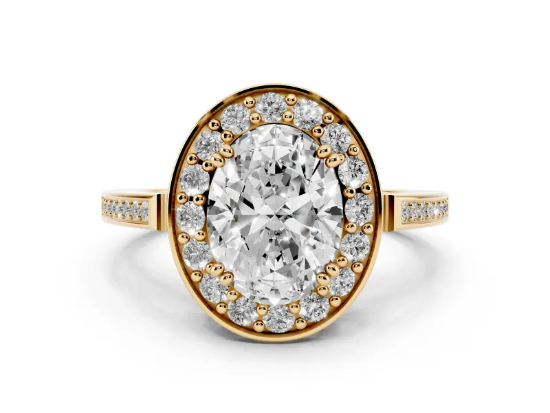 Oval Cut Diamond Halo Ring Set in Yellow gold with Accent-Lined Split Shank and Prong Setting