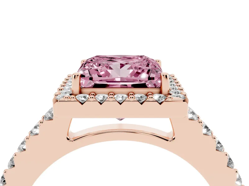 Fancy Pink Princess Cut Diamond Halo Pavé Solitaire Ring Set in Rose gold with Prong-Set Center Stone