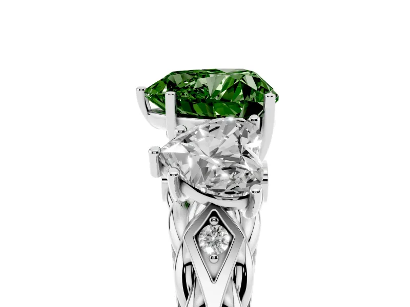 Heart-Shaped Three Stone Engagement Ring Setting for a Fancy Green Lab-Grown Diamond | Braided Band | Platinum