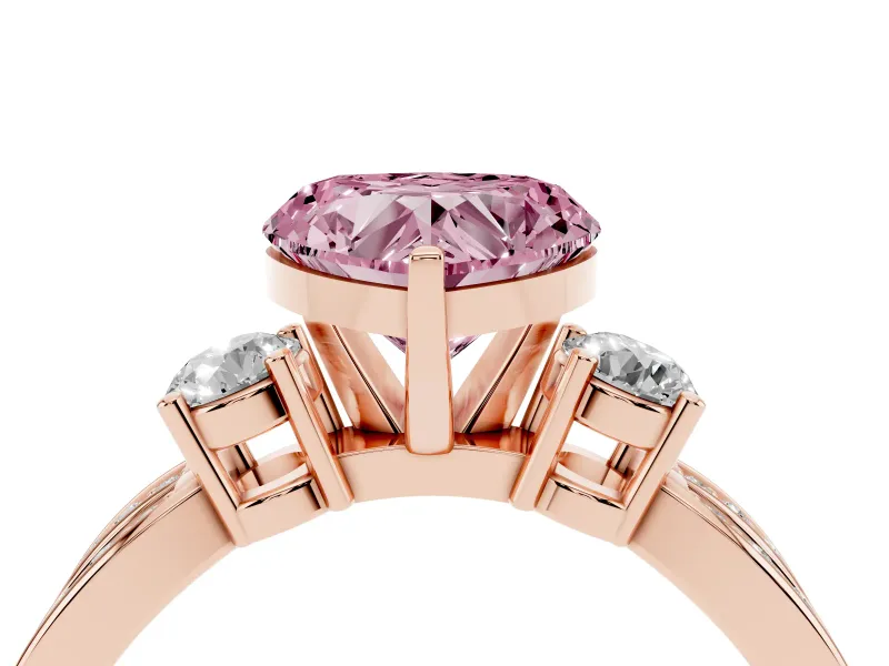Fancy Pink Three-Stone Heart Cut Diamond Twist Band Ring Set in Rose gold with Pavé Accents and Prong Setting