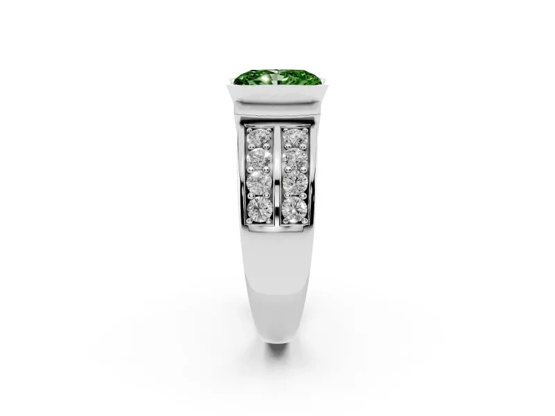 Fancy Green Radiant Cut Diamond Wide Channel Set Band Ring Set in Platinum with Bezel Setting