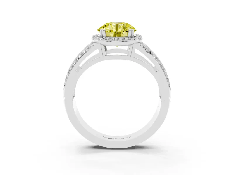 Round Halo Engagement Ring Setting for a Fancy Yellow Lab-Grown Diamond | Two-Row Pave Split Shank | Sterling Silver