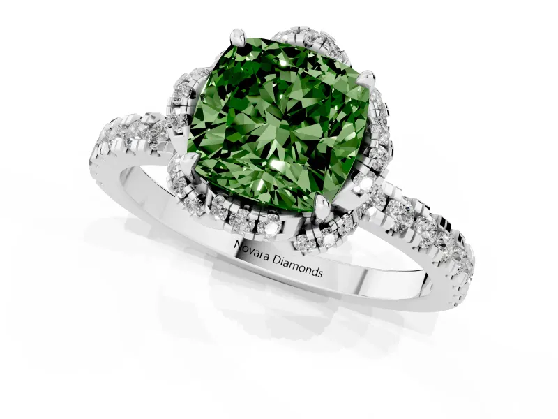 Fancy Green Cushion Cut Diamond Halo Pavé Band Ring Set in Platinum with Prong-Held Center