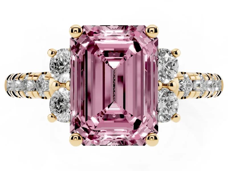 Emerald Cut Side Stone Engagement Ring Setting for a Fancy Pink Lab-Grown Diamond | Pave Band | Yellow Gold