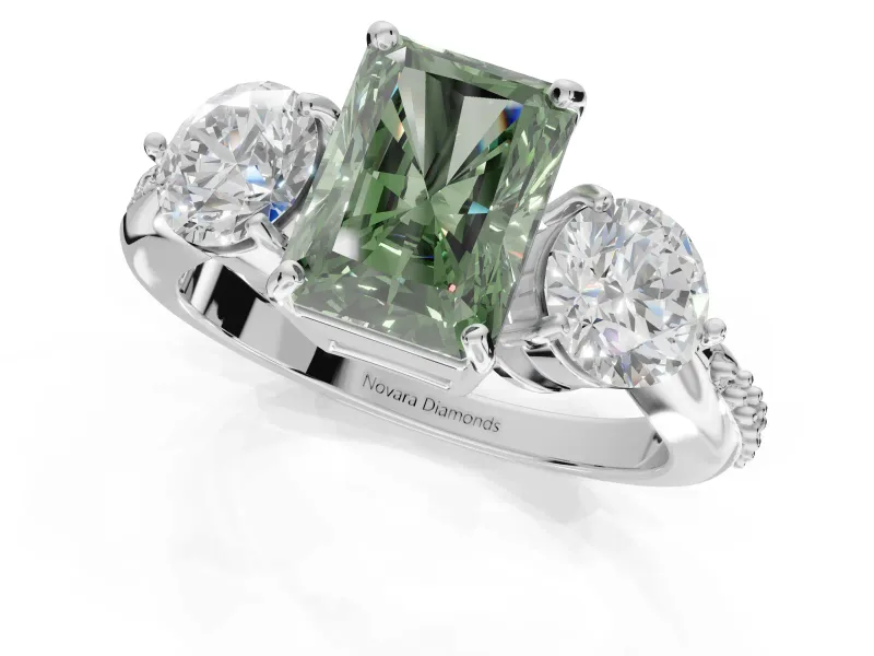 Radiant Cut Three Stone Engagement Ring Setting for a Fancy Green Lab-Grown Diamond | Tapered Pave Band | Platinum
