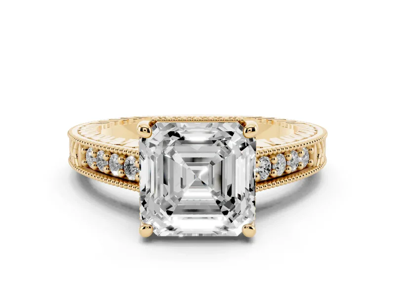 Asscher Cut Diamond Solitaire Pavé Milgrain Engagement Ring Set in Yellow gold with Prong Setting