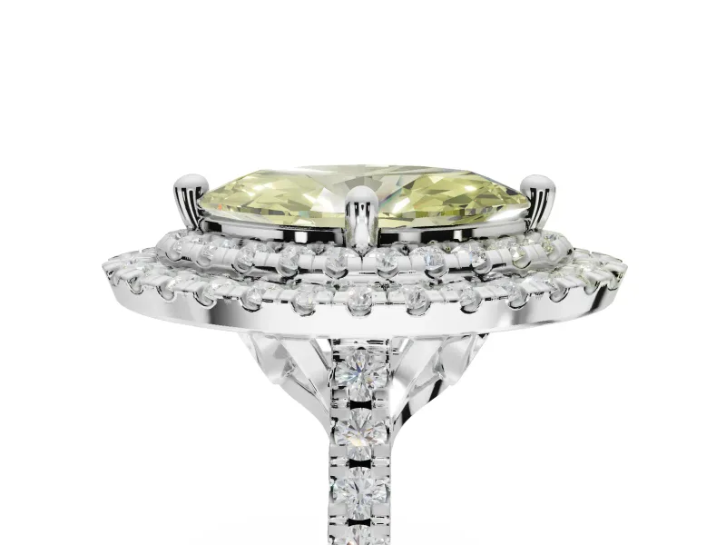 Canary Yellow Marquise Lab-Grown Diamond Double Halo Statement Ring Set in Platinum with Pavé Band
