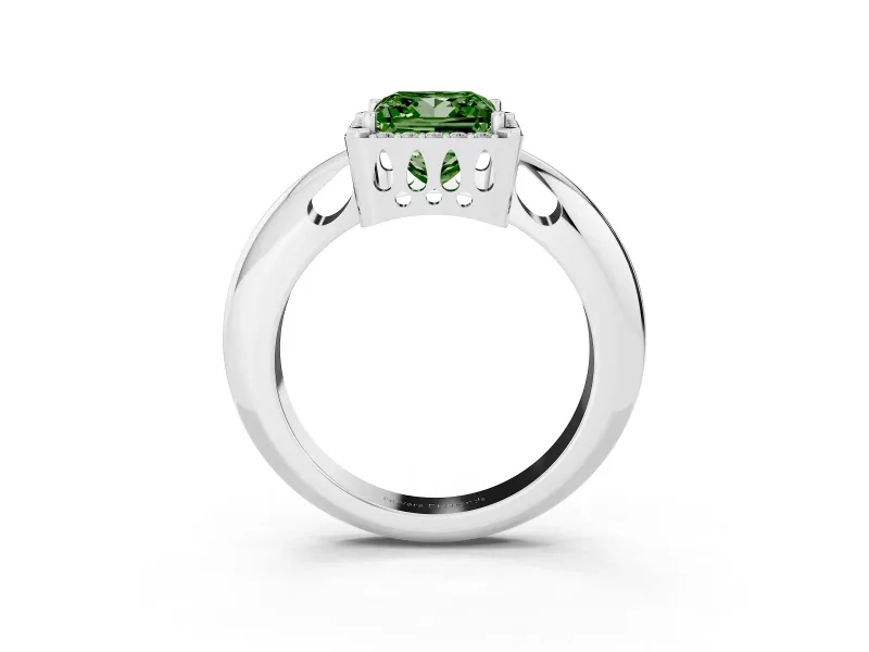 Fancy Green Princess Cut Diamond Halo Engagement Ring Set in White gold with Plain Split Shank and Prong Setting