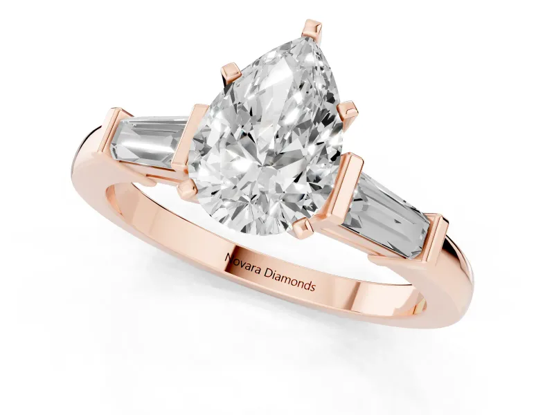 Pear-Shaped Three-Stone Engagement Ring Setting | Tapered Baguettes | Rose Gold