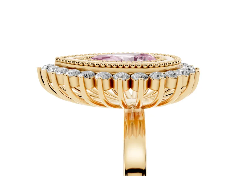 Fancy Pink Pear Cut Diamond Halo Ring Set in Yellow gold with Milgrain Edge and Round Prong Setting