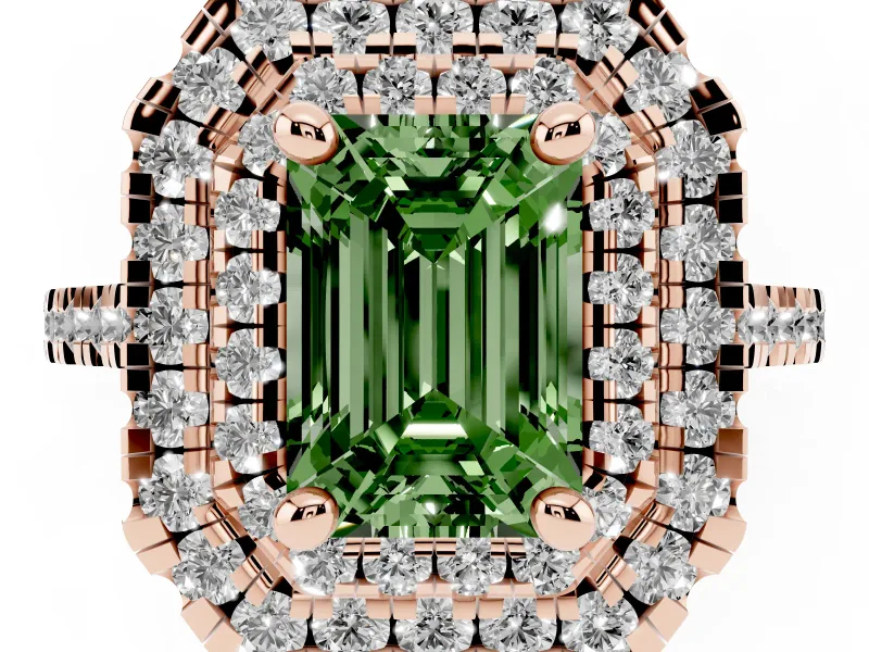Fancy Green Emerald Cut Diamond Double Halo Statement Ring Set in Rose gold with Pavé Band