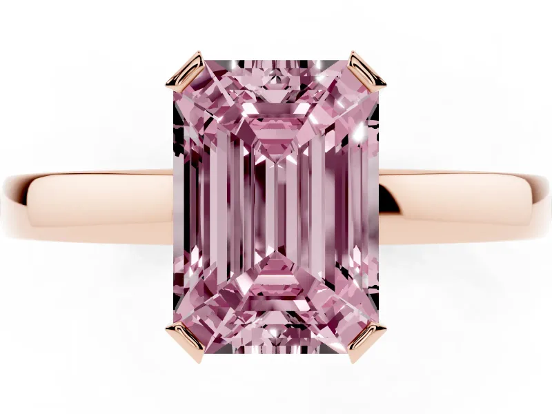 Fancy Pink Emerald Cut Diamond Solitaire Ring Set in Rose gold with Prong Head and Smooth Polished Band