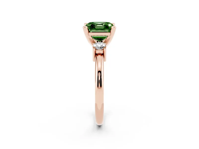 Asscher Cut Three Stone Engagement Ring Setting for a Fancy Green Lab-Grown Diamond | Round Side Stones | Rose Gold