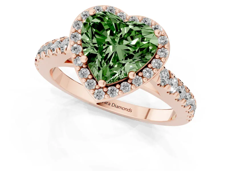 Fancy Green Heart Cut Diamond Halo Engagement Ring Set in Rose gold with Pavé Band and Prong Setting
