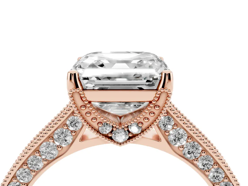 Asscher Cut Vintage Hidden Halo Engagement Ring Setting | Milgrain Pave Band | Rose Gold