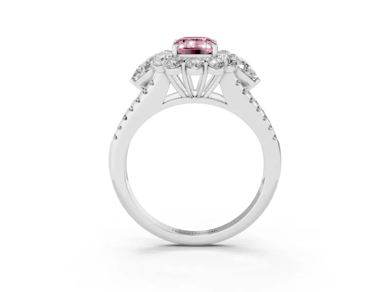 Fancy Pink Emerald Cut Diamond Halo Split Shank Engagement Ring Set in Platinum with Prong-Held Center Stone