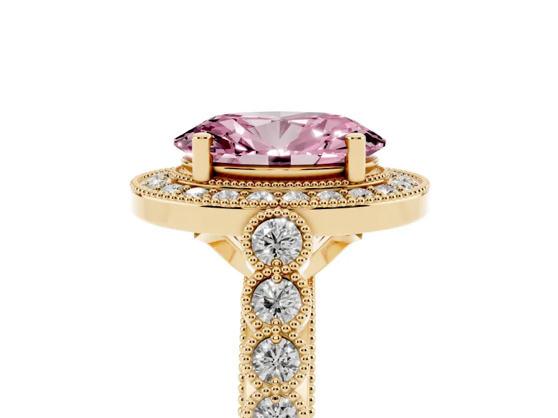 Fancy Pink Oval Cut Diamond Milgrain Halo Solitaire Ring Set in Yellow gold with Bezel Set Side Stones and Pavé Band