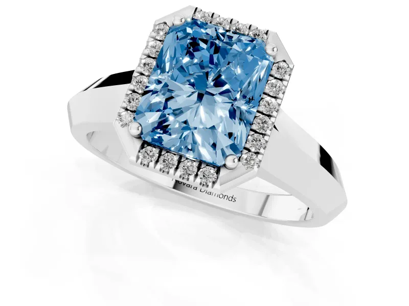 Fancy Blue Radiant Cut Diamond Halo Ring Set in White gold with Cathedral Band and Prong Setting