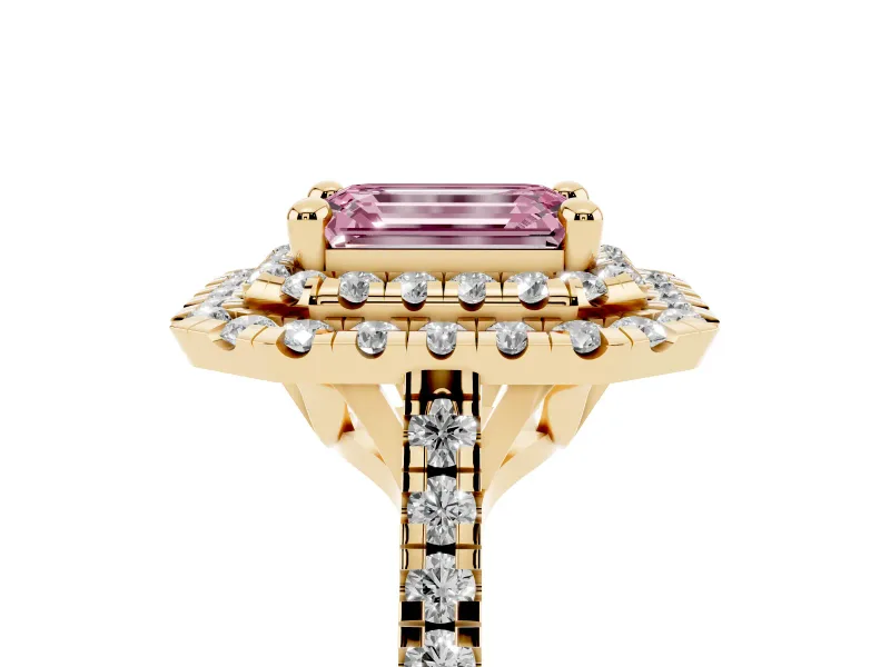 Fancy Pink Emerald Cut Diamond Double Halo Statement Ring Set in Yellow gold with Pavé Band
