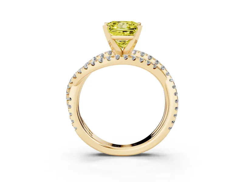 Fancy Yellow Princess Cut Diamond Solitaire Twist Band Ring Set in Yellow gold with Pavé Setting and Prong Head