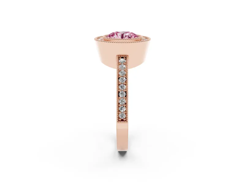 Round Milgrain Halo Engagement Ring Setting for a Fancy Pink Lab-Grown Diamond | Pave Band | Rose Gold
