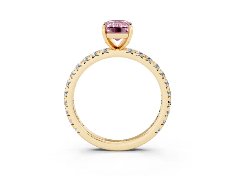 Fancy Pink Emerald Cut Diamond Pavé Solitaire Ring Set in Yellow gold with Round Band and Prong Setting
