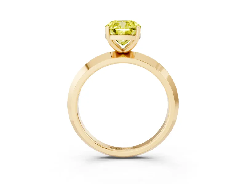 Fancy Yellow Cushion Cut Diamond Solitaire Engagement Ring Set in Yellow gold with Flat Band and Prong Setting