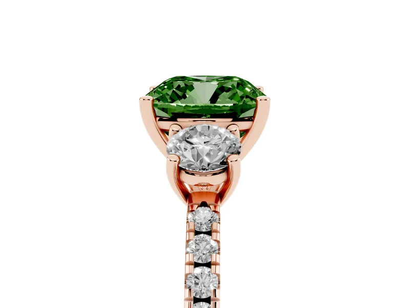 Cushion Cut Three Stone Engagement Ring Setting for a Fancy Green Lab-Grown Diamond | Pave Shoulders | Rose Gold