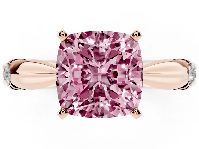 Fancy Pink Cushion Cut Diamond Solitaire Twisted Band Ring Set in Rose gold with Accent Stones and Prong Setting