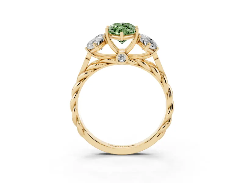 Fancy Green Marquise Cut Diamond Three-Stone Ring Set in Yellow gold with Braided Band
