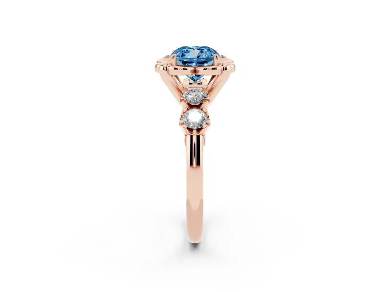 Cushion Cut Floral Engagement Ring Setting for a Fancy Blue Lab-Grown Diamond | Petal Frame and Side Stones | Rose Gold