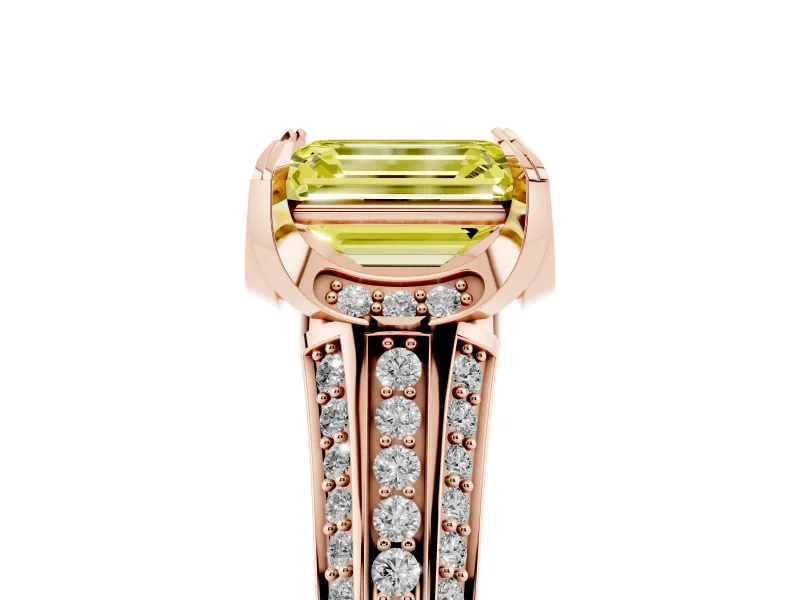 Fancy Yellow Emerald Cut Diamond Pavé Split Shank Solitaire Ring Set in Rose gold with Prong Setting