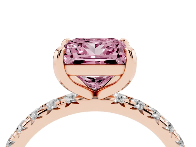 Fancy Pink Princess Cut Diamond Pavé Solitaire Ring Set in Rose gold with Round Band and Prong Setting