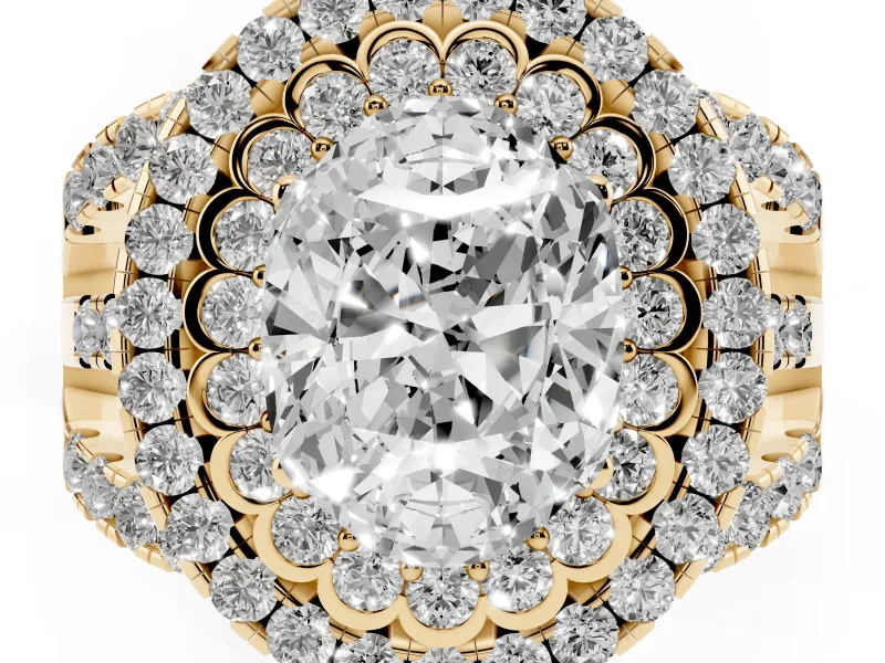 Oval Double Halo Split Shank Engagement Ring Setting | Pave Strands | Yellow Gold