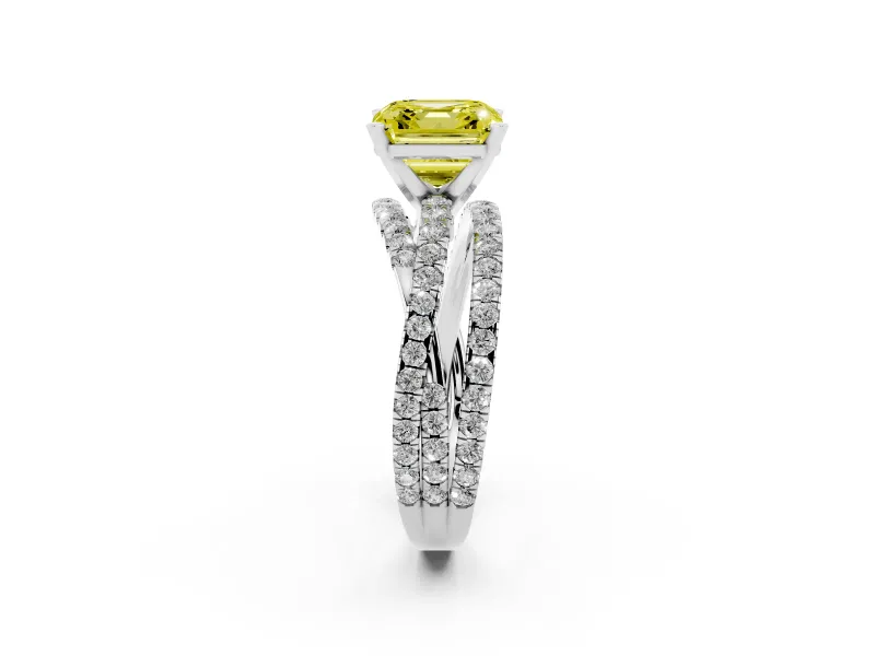 Fancy Yellow Asscher Cut Diamond Solitaire Twist Band Ring Set in Platinum with Pavé Setting and Prong Head