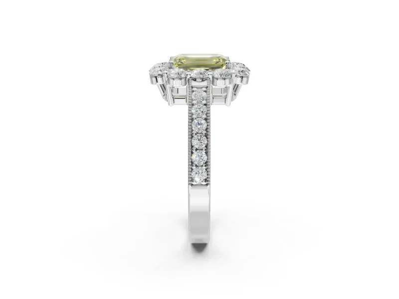 Emerald Cut Vintage Halo Engagement Ring Setting for a Fancy Yellow Lab-Grown Diamond | Platinum